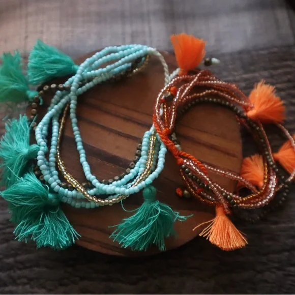 Turquoise Tassel Beaded Bracelet Set - Picture 3 of 5